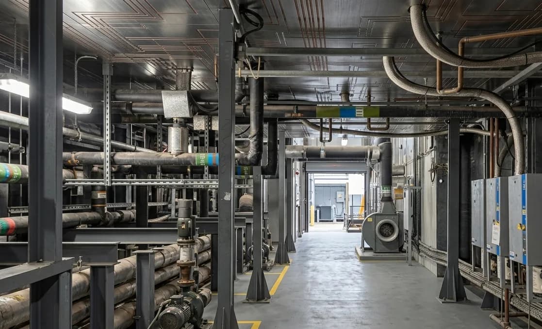 Commercial plant room with air handling units requiring maintenance