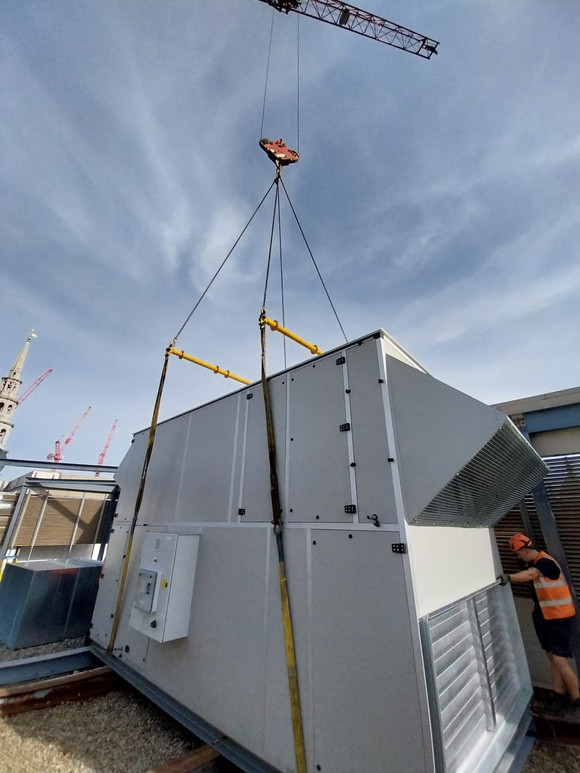 AHU1 being lifted by crane into position at Blackfriars Bloom office development, London