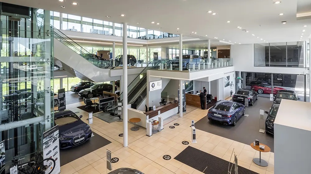 BMW car dealership showroom interior at Farnborough where BVS completed AHU coil replacement works