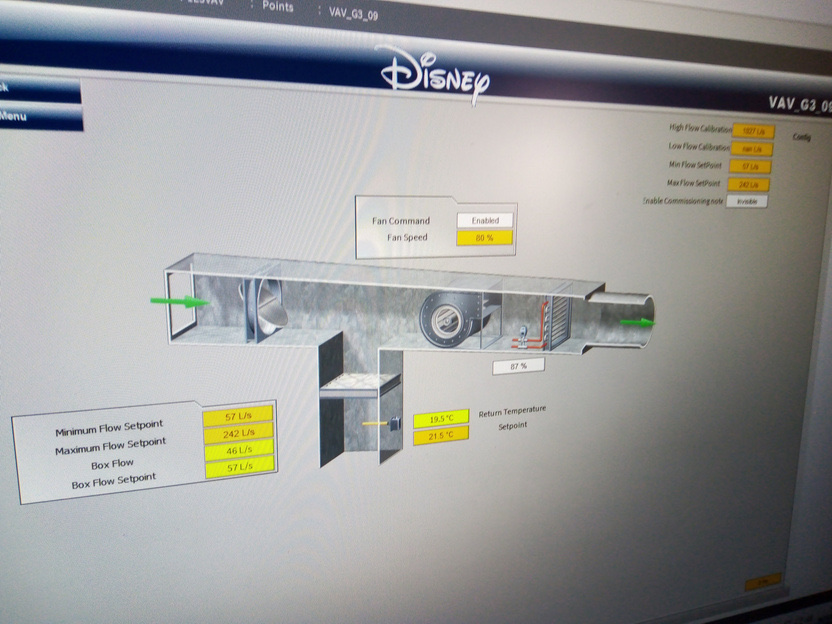 Disney BMS VAV controller screen showing AHU performance data during ventilation validation