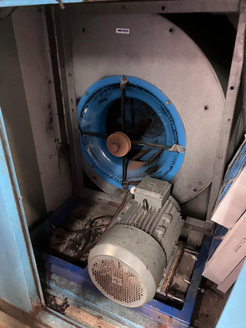 Old belt-driven supply fan before EC fan upgrade at Dorset leisure centre swimming pool AHU