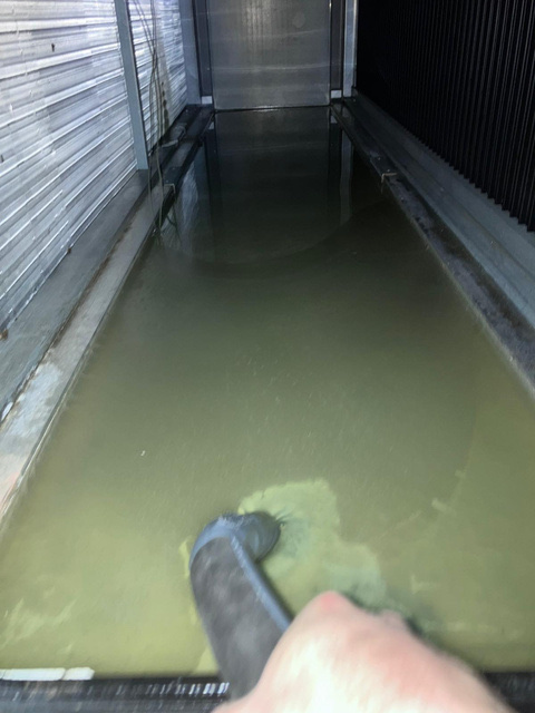 Standing water inside flooded AHU interior at pharmaceutical manufacturing facility before coil replacement