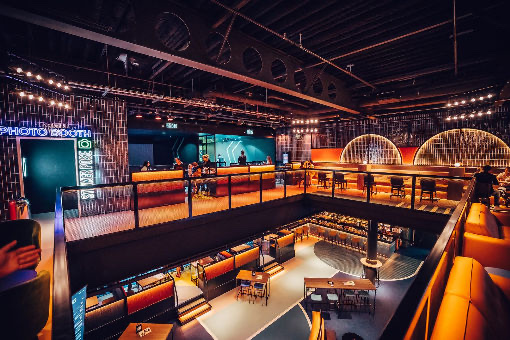 Upper level interior of TOCA Social venue at the O2 Arena, London