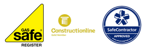 PNG image showing the Gas Safe Register , Constructionline and SafeContractor logos, demonstrating compliance and certification.