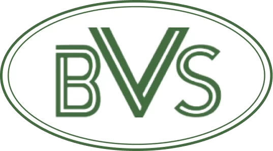 A green and white oval logo decorated with font that says BVS in the center.